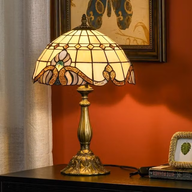 HOMCOM Art Nouveau Handmade Stained Glass Table Lamp in Copper, Yellow and Multicolour