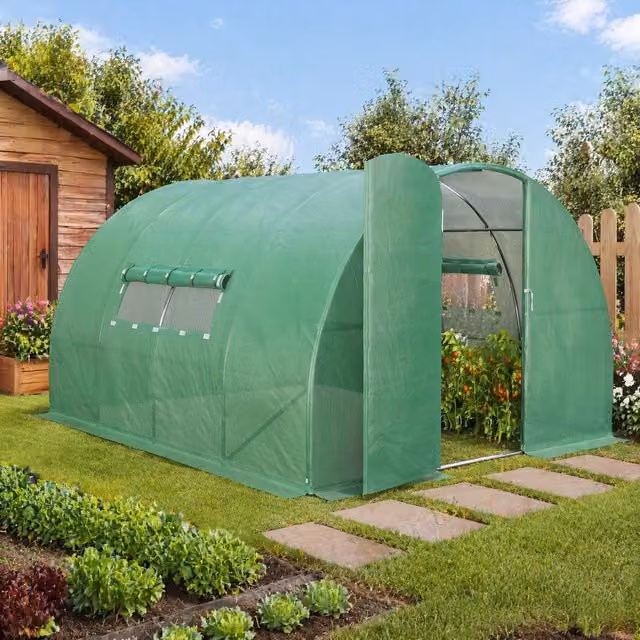 STILVORA Green Walk-In Greenhouse with Roll-Up Windows and Galvanised Steel Frame, W/D/H: 298 x 200 x 298 cm