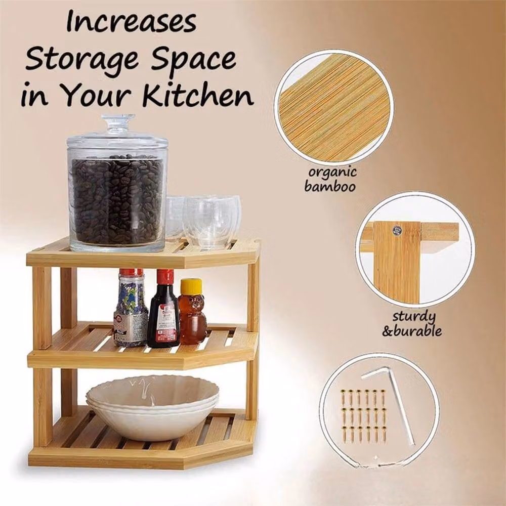 Kelvenix 3-Tier Bamboo Corner Kitchen and Bathroom Organiser Rack in Brown, W/D/H: 15 x 24 x 25 cm – 3