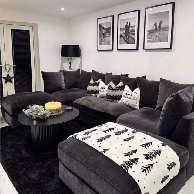 Home & Love Rio Bishop U Shape Cinema Scatterback Corner Sofa in Black Fabric with Matching Ottoman and Scatter Cushions