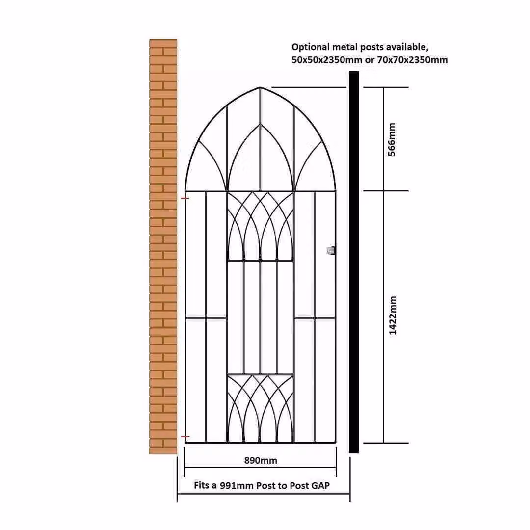 Burbage Iron Craft Abbey Modern Tall Arch Bow Top Single Gate in Black, W: 99.1 cm, H: 198.8 cm – 2