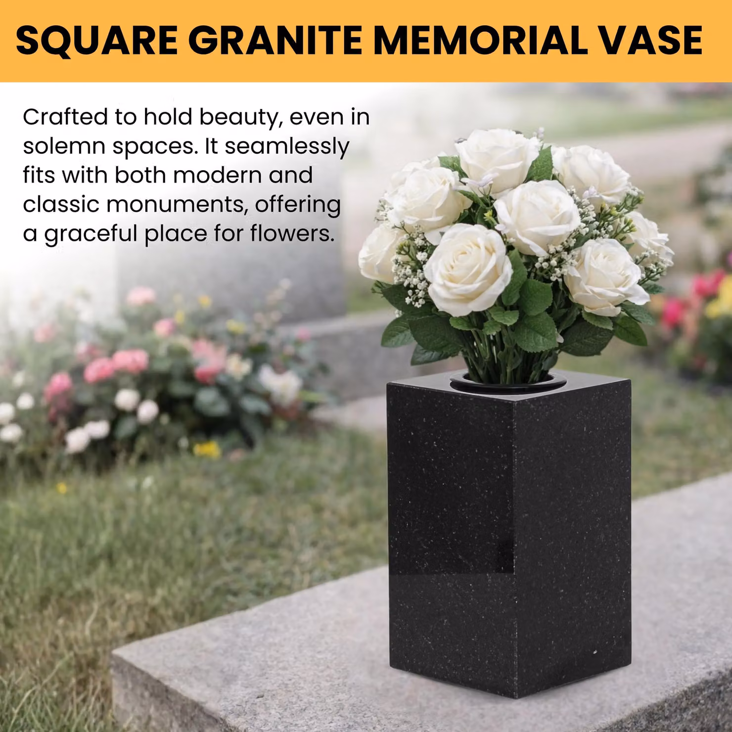 Novecrafto Classic Square Granite Memorial Vase in Black and Grey for Cemetery or Garden – 3