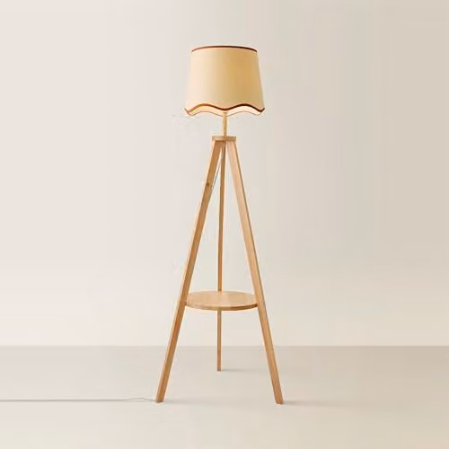ValueLights Morrigan Natural Wood Tripod Floor Lamp with White and Black Fabric Cone Shade – 1
