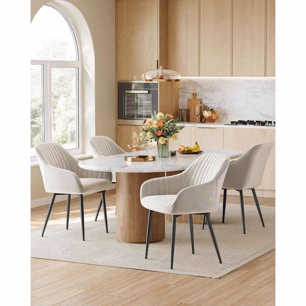 The Bazaarist Modern Velvet Dining Chair with Armrests and Metal Legs in Beige and Black – 3