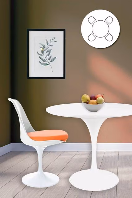 Fusion Living Tulip Dining Set with White Round Table and Four Orange Chairs