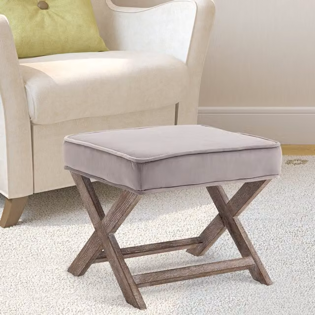 HOMCOM Grey Velvet X-Shape Padded Footstool with Wood Frame