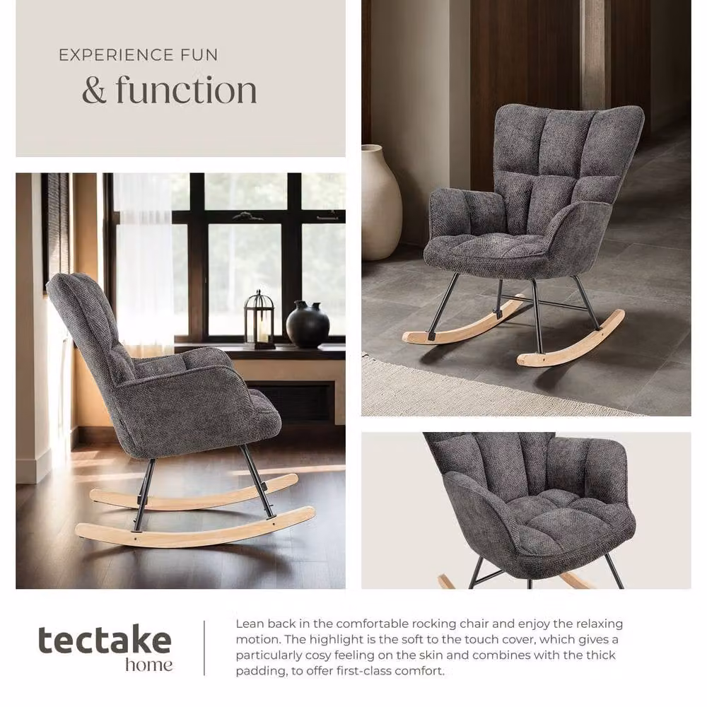 tectake Torve Rocking Chair with Plush Quilted Padding and Wooden Runners in Dark Grey – 5
