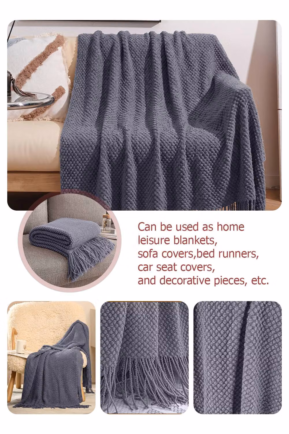 Living and Home Grey Knitted Fringed Throw, W/D/H: 130 x 170 cm – 2