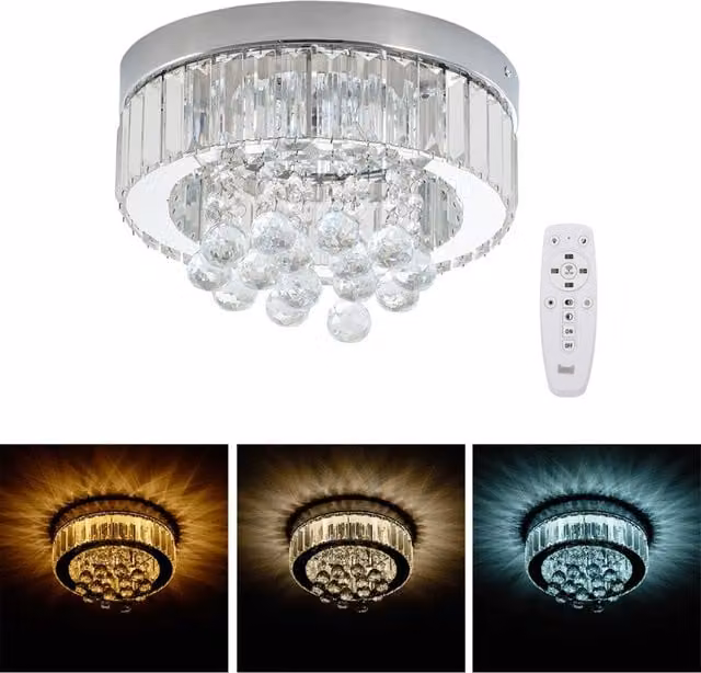 H&O Direct Adjustable LED Crystal Ring Ceiling Light with Remote Control, Transparent – 1