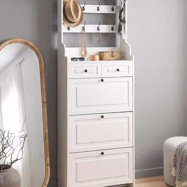 Wyld and Coco Modern White Wall Mounted Shoe Cabinet with Drawers and Open Shelf, W/D/H: 70 x 30 x 200 cm