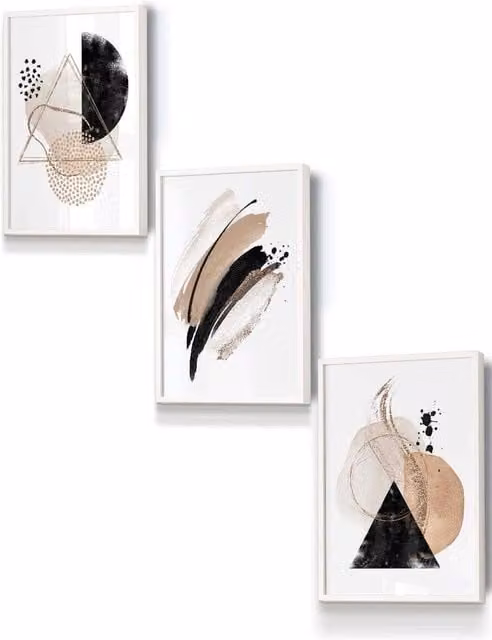 ARTZE Abstract Geometric Boho Wall Art in Black, Beige and Gold, W: 33 cm, H: 45 cm, D: 0.2 cm