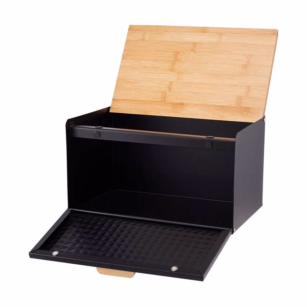 PAWNORA Dual Open Bread Bin in Black with Bamboo and Metal Accents – 2