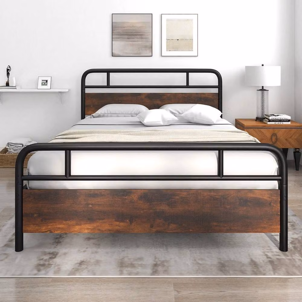 NESTLUNE Heavy Duty Industrial Metal Platform Bed Frame with Headboard in Black, Cot Size – 2