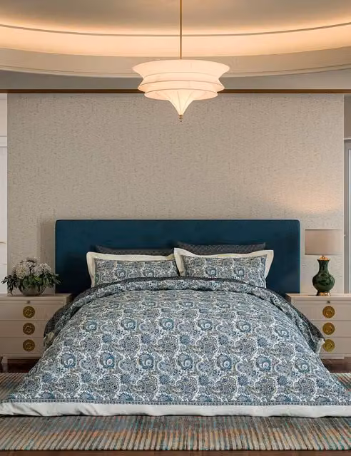 V&A Elysian Floral Cotton Bedding Set, Navy Blue, 200 x 200 cm