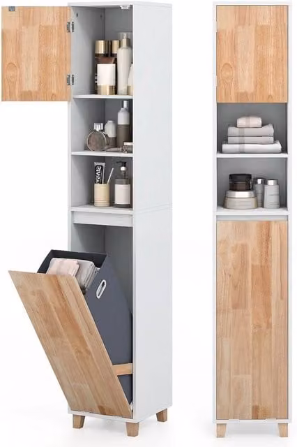 VOGREX White Freestanding Tilt-Out Laundry Cabinet with Internal Shelves and Hinged Doors