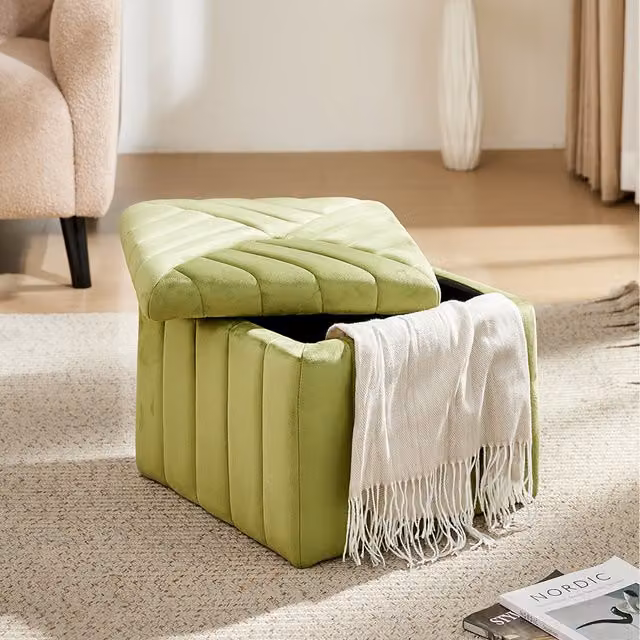 Livingandhome Modern Rectangular Upholstered Velvet Storage Ottoman Footstool in Green