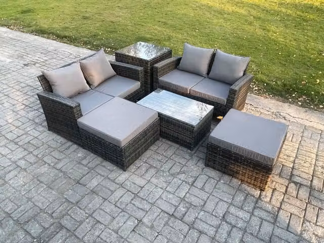 Fimous 6 Seater Rattan Garden Furniture Set in Dark Grey with L-Shape Sofa, Coffee Table and 2 Ottomans