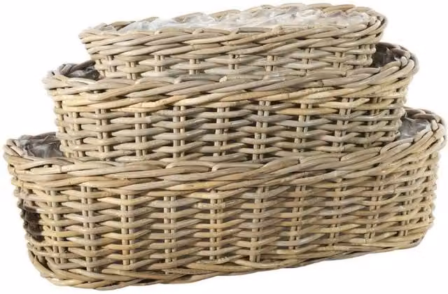 KDMD Set of 3 Oval Tapered Rattan Baskets with Liners in Beige – 1