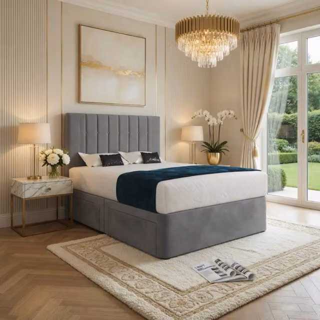 KDMD Radstock Modern Upholstered Velvet Bed Frame in Grey, W/D/H: 90 x 200 cm – 1