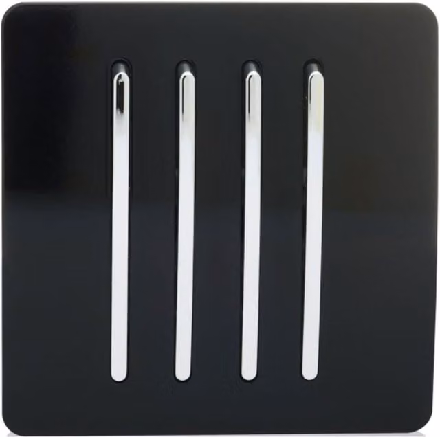 Trendi 4 Gang 2 Way Screwless Raised Front Plate Quad Electrical Wall Light Switch in Piano Black with Chrome Rocker
