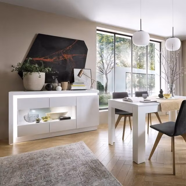 Furniture To Go Lyon 3-Door Glazed Sideboard in White Glossy Wood and MDF with Integrated Lighting