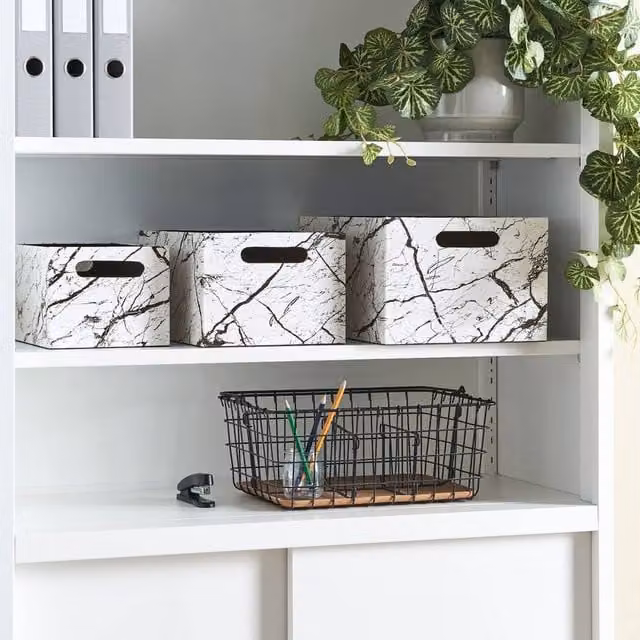 Wyld and Coco Set of 3 White Faux Leather Marble-Effect Storage Baskets with Handles