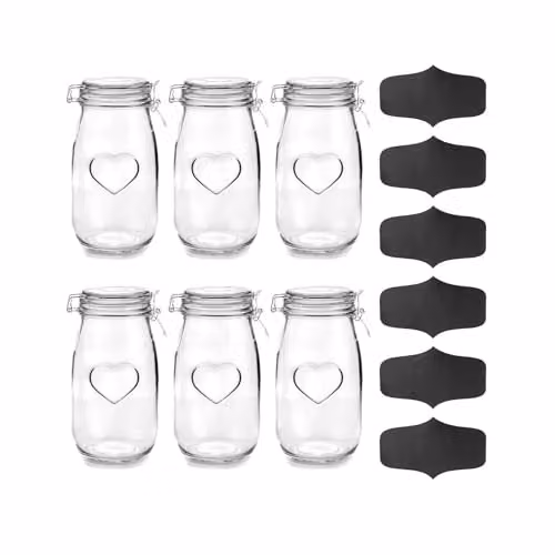 Nicola Spring Geometric Glass Storage Jars with Airtight Silicone Seals, 1.5 l, Pack of 6, Transparent