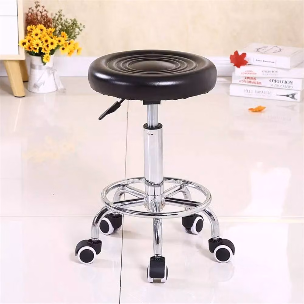 SPETLEK Black Synthetic Leather Height Adjustable Swivel Round Salon Stool with Castors – 3
