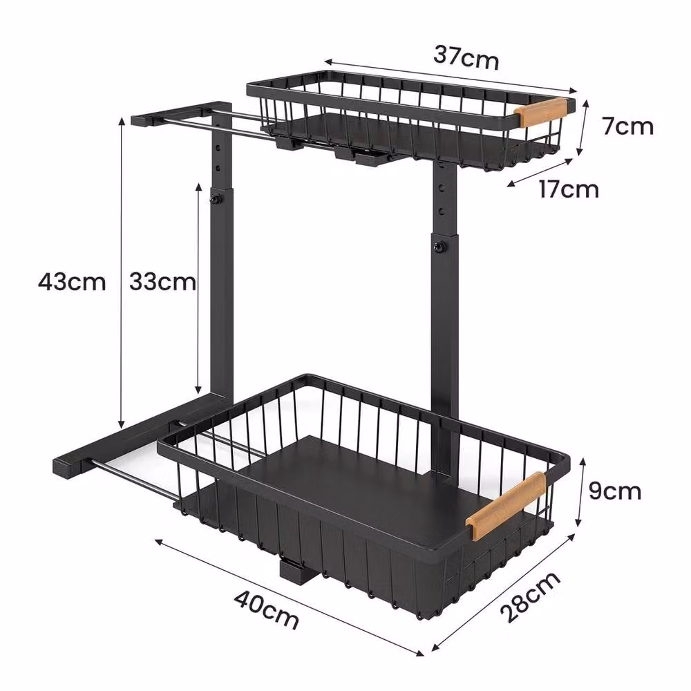 VOGREX 2-Tier Pull Out Under Sink Kitchen Storage Baskets, 2 Pieces, Black Metal – 2