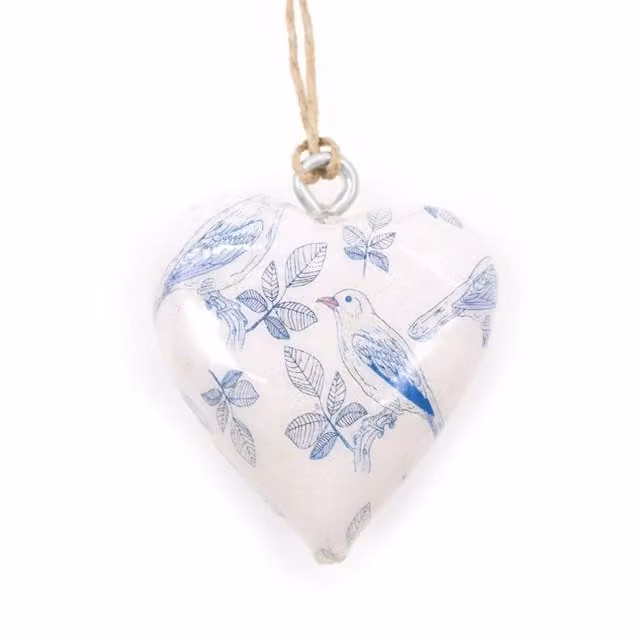 KDMK Blue and White Wooden Heart Bird Tabletop Decor