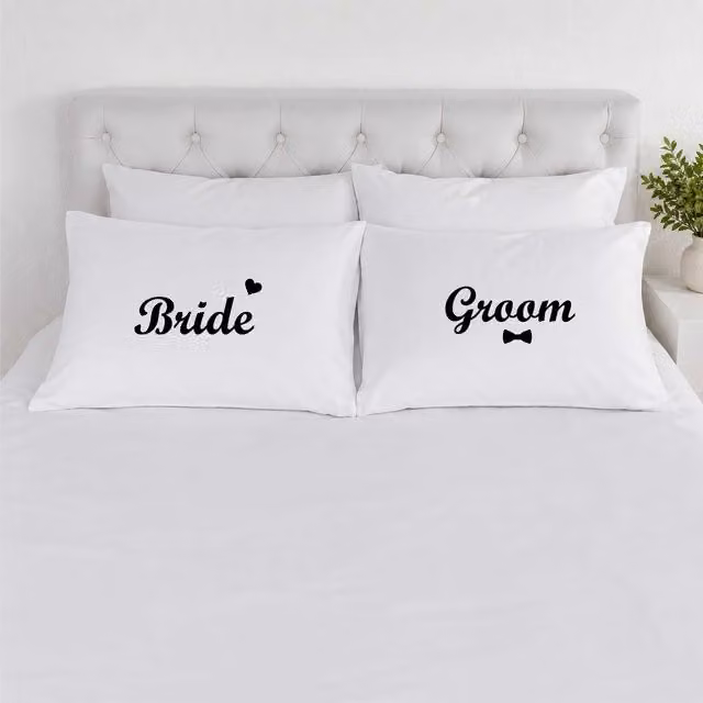 60 SECOND MAKEOVER Bride and Groom Cotton Pillowcases in White