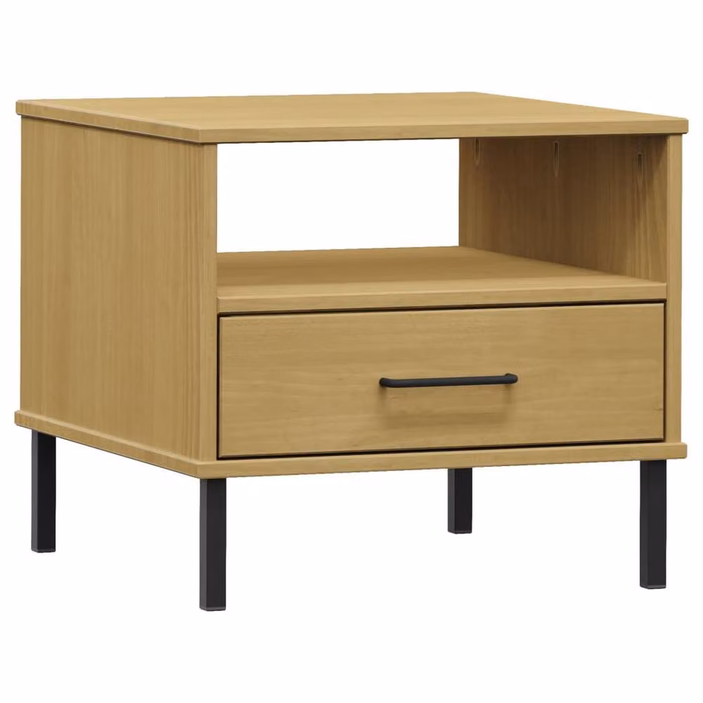 Berkfield Home Oslo Solid Wood Pine Bedside Table with Metal Legs in Light Tan Brown – 3