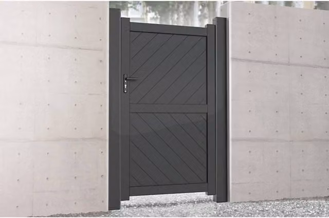 Ready Made Grey Aluminium Pedestrian Swing Gate with Diagonal Solid Infill and Flat Top, W: 90 cm, H: 160 cm – 1