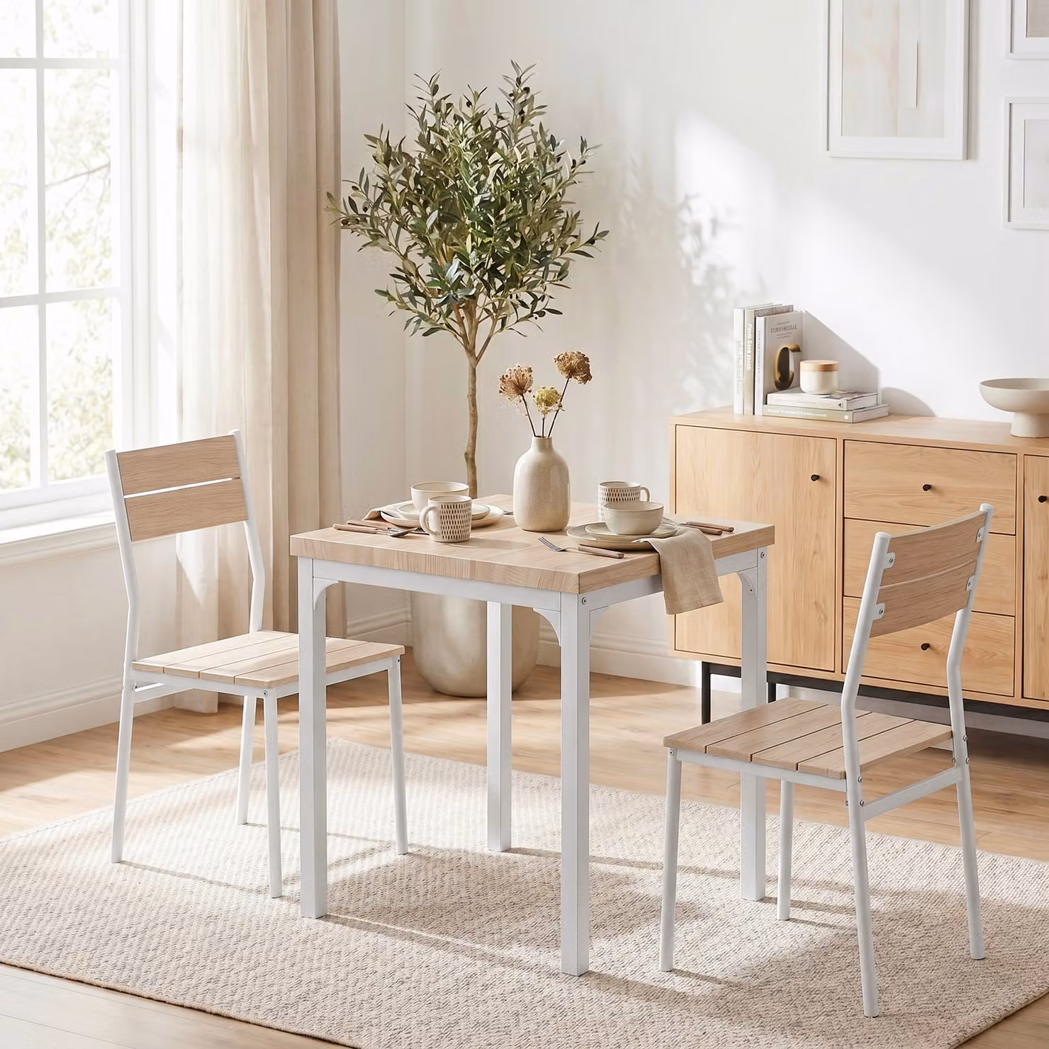 HOMCOM Three-Piece Minimalist Dining Set with Square Table and Chairs in White and Oak Wood Effect – 2