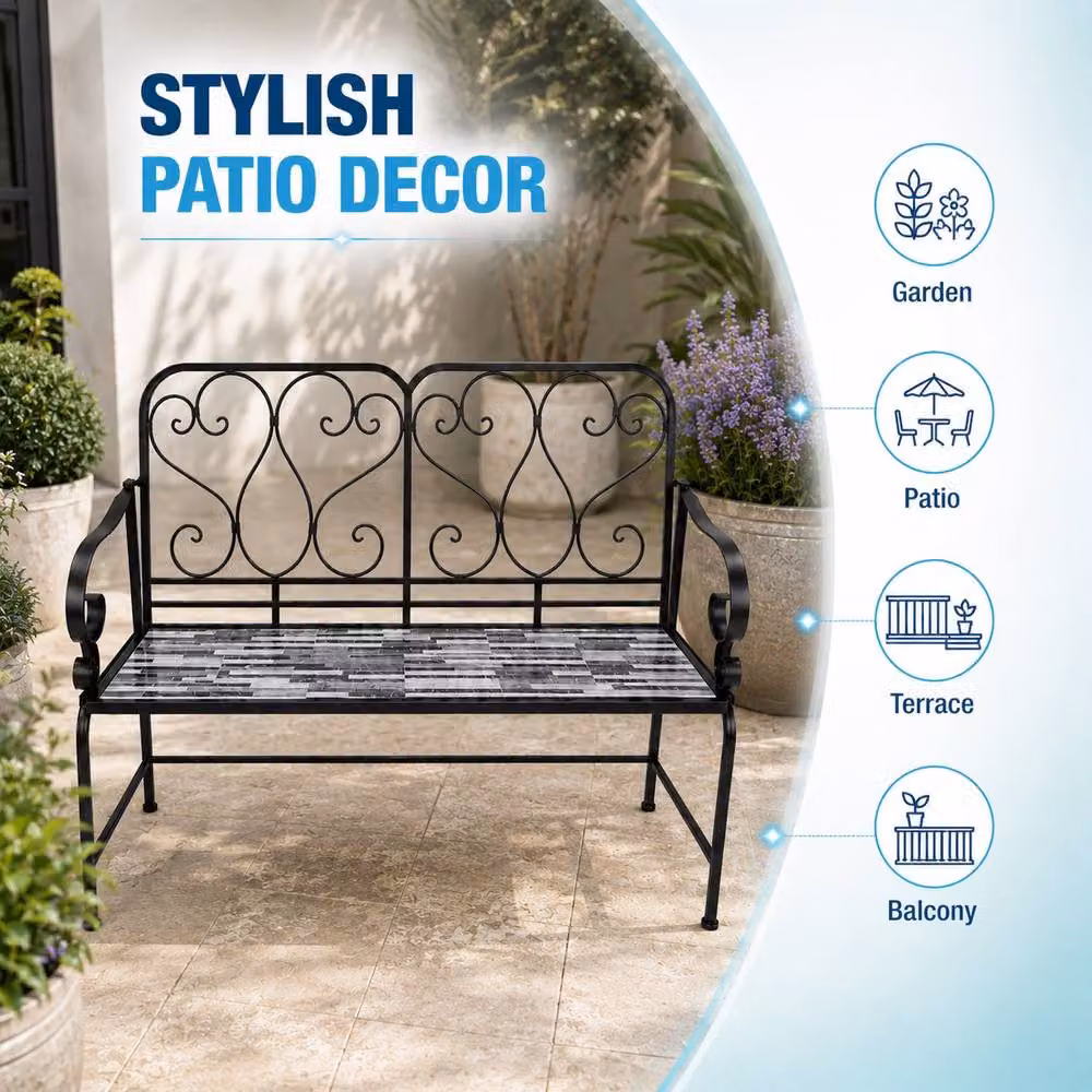 Shatchi Cascade Mosaic 2 Seater Garden Bench in Multicolour Metal and Ceramic Tile, W: 112 cm, H: 96 cm, D: 47 cm – 6
