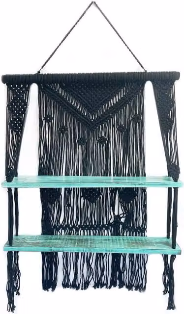 KDMK Black and Turquoise Macrame Hanging Wall Shelf with Wood and Cotton Rustic Decor for your Living Room, Bedroom or Home Office
