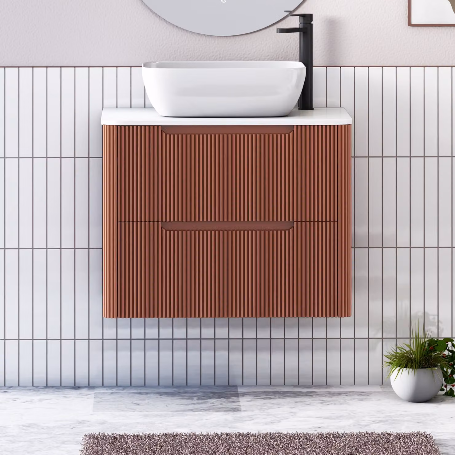 Royal Bathrooms Avenza 800mm Terracotta Clay Wall Hung Vanity Unit with 2 Drawers, Plain White Worktop and Elva Basin