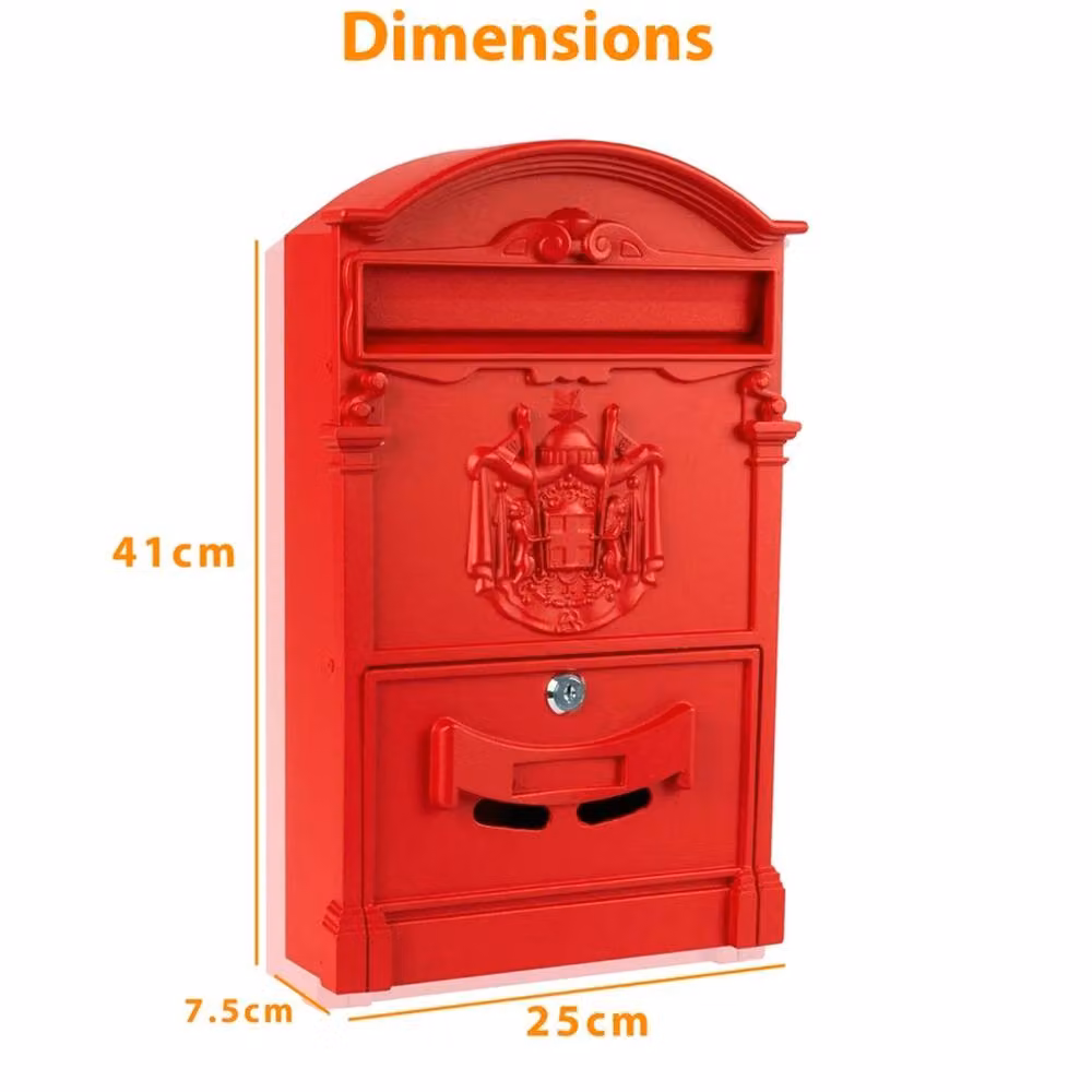 NESTLUNE Red Vintage Outdoor Lockable Wall Mounted Letter Box, H 41.0 cm x W 25.0 cm x D 7.5 cm – 2