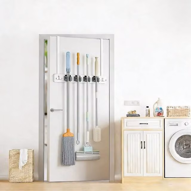 KORVIXA Over the Door Broom Holder and Tool Rack in White and Multicolour, Metal