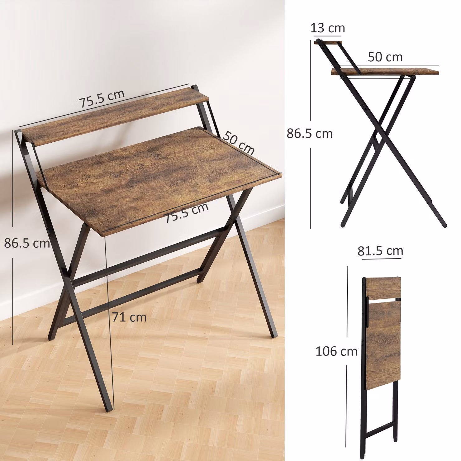HOMCOM Folding Computer Desk with Monitor Shelf in Rustic Brown – 3