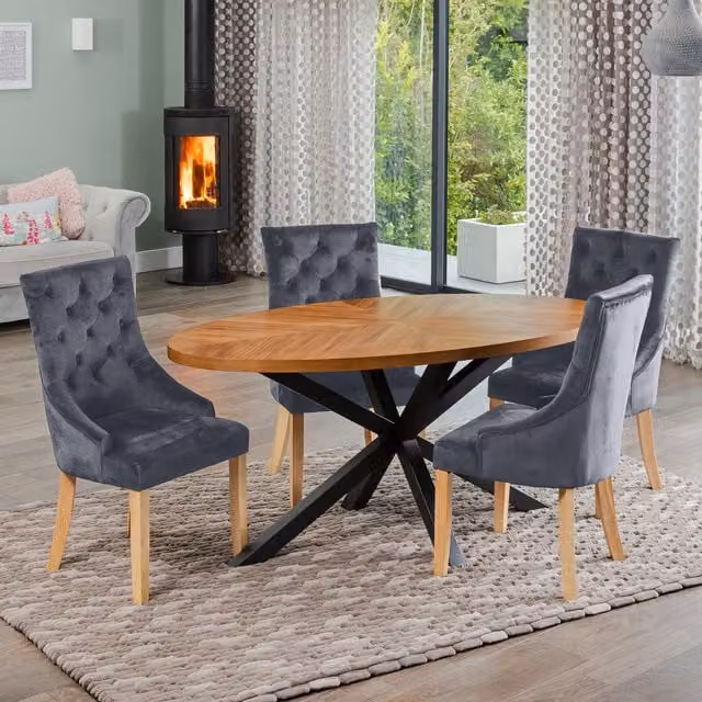 Artemis Home Dossena Oval Dining Table Set with 4 Ravenna Velvet Chairs in Dark Grey and Brown