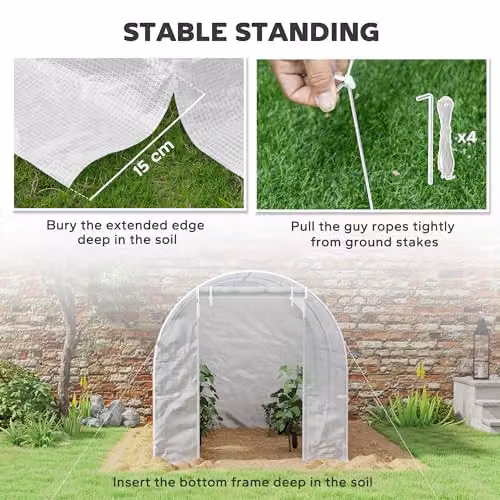 Outsunny White Reinforced Walk In Polytunnel Greenhouse with Galvanised Steel Frame and Roll Up Door, W: 2 m, D: 2.5 m – 4