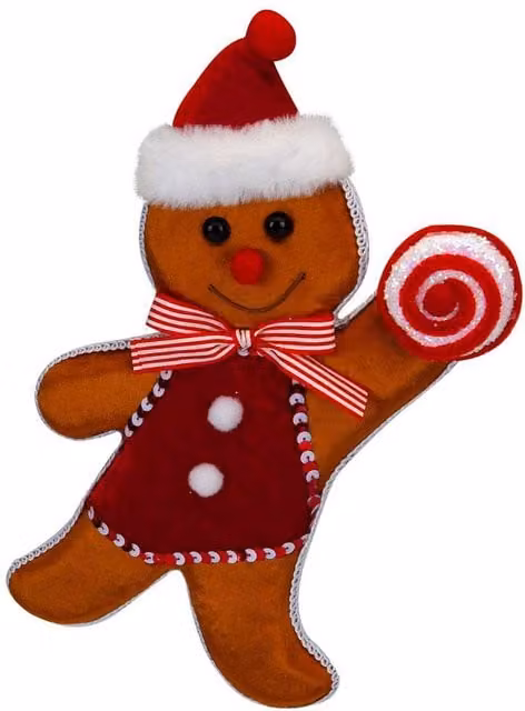 VFM e-Store Christmas Gingerbread Man Hanging Decoration, Red and Multicolour Textile Ornament, H 31 cm x W 7 cm – 1