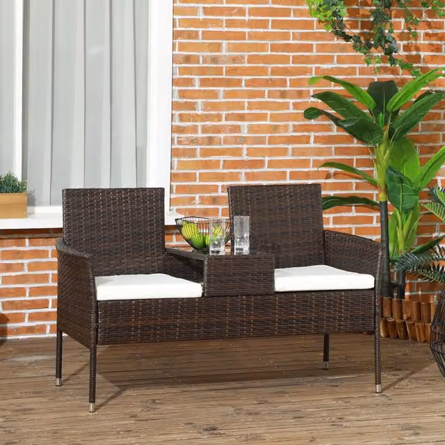 Outsunny Modern Rattan Garden Bench with Glass Coffee Table in Brown