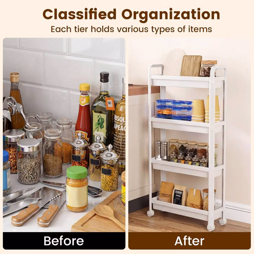 Costway 4-Tier Rolling Storage Cart Bathroom and Kitchen Organiser, White – 4