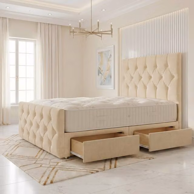 Somnior Ziggy Linen Divan Bed with 2 Drawers, Headboard and Footboard, Beige, W/D/H: 120 x 200 x 28 cm
