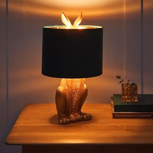 K LIVING Gold Rabbit Resin Table Lamp with Green Fabric Shade – 2