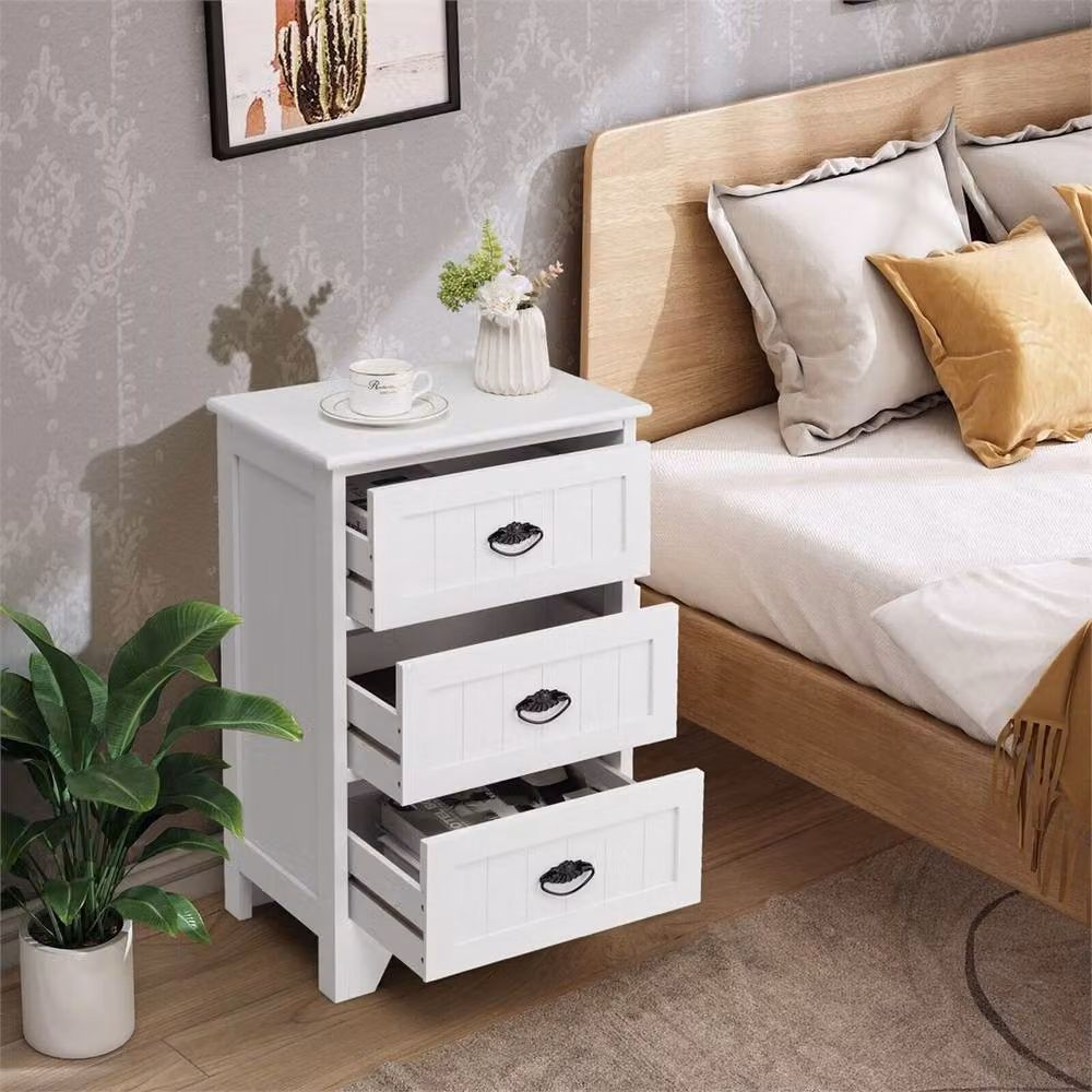 NESTLUNE Vintage 3-Drawer Wood Bedside Table and Accent Nightstand in White – 4