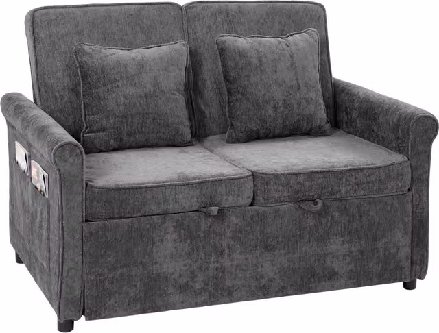 HOMCOM 2 Seater Convertible Chenille Sofa Bed in Grey with 5-Position Adjustable Backrest and Pull Out Sleeper Function, 140 x 190 cm