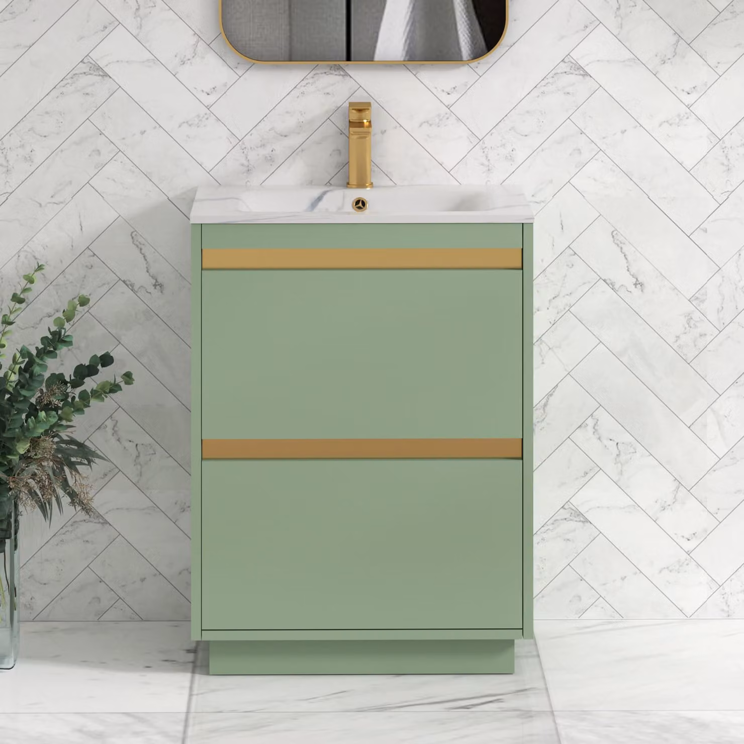 Royal Bathrooms Orion 600mm Floor Standing 2 Drawer Vanity Unit in Mint Sage with Carrara White Basin and Brushed Brass Trim